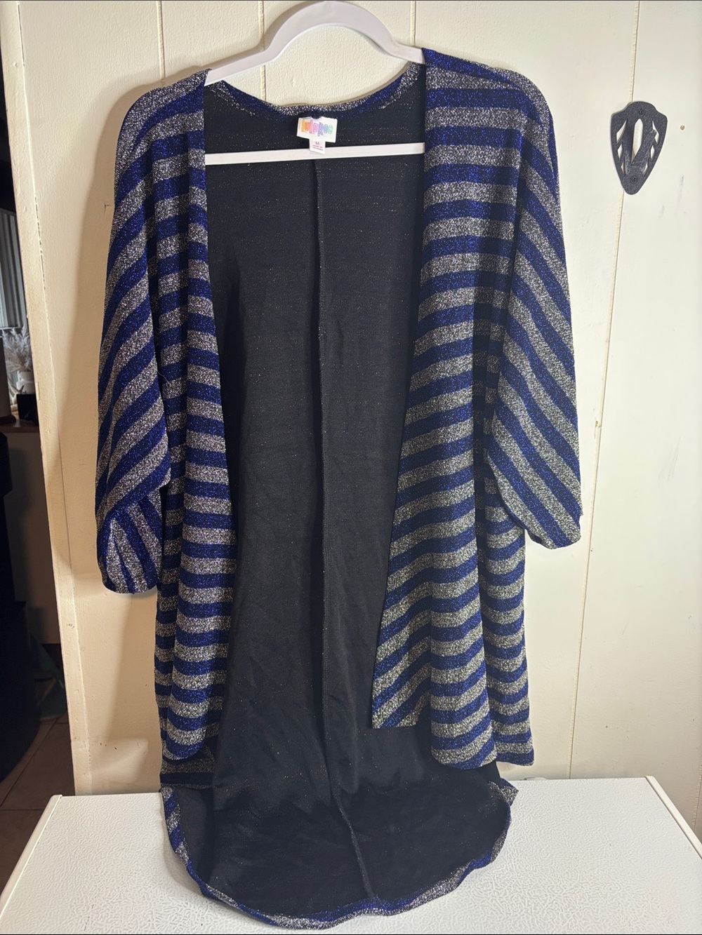498 - LuLaRoe Black Sparkle Open Cardigan with Blue Trim